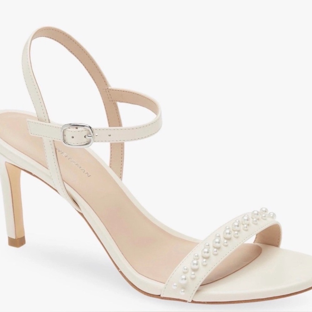 Stuart Weitzman Dancer 75 Demipearl Heel Sandals Chalk Faux Pearl 8 NEW